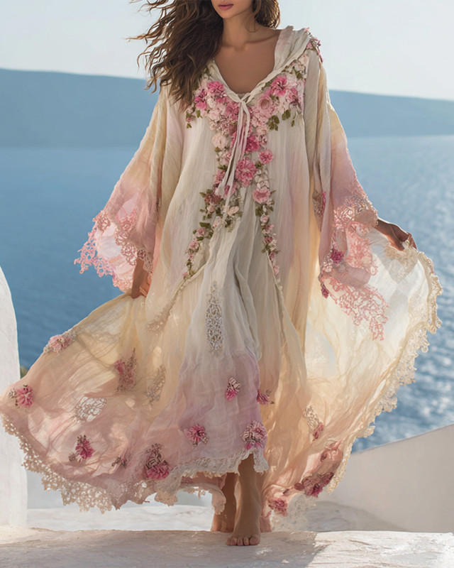 Women's summer vacation floral embroidered hooded kaftan 9e81