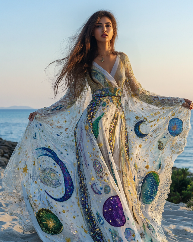 Elegant Embroidery Sun And Moon Mesh Dress 5a20