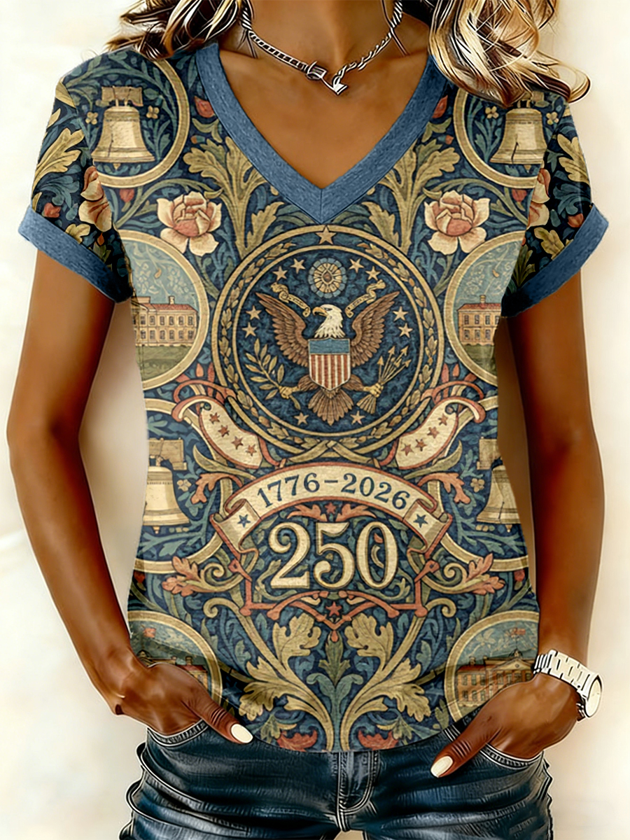 Women's 250th Anniversary Floral Print V-Neck T-Shirt