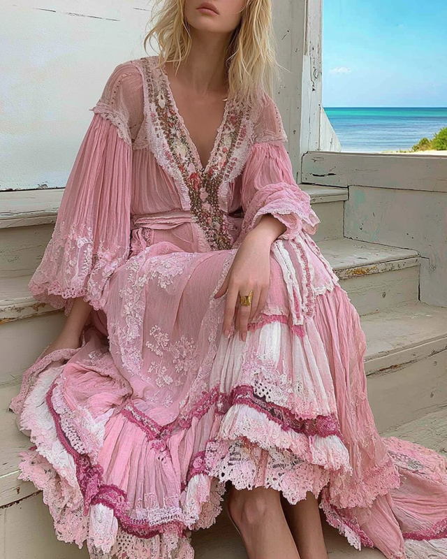 Summer Floral Embroidered Lace Patchwork Ruffle Dress  88f0