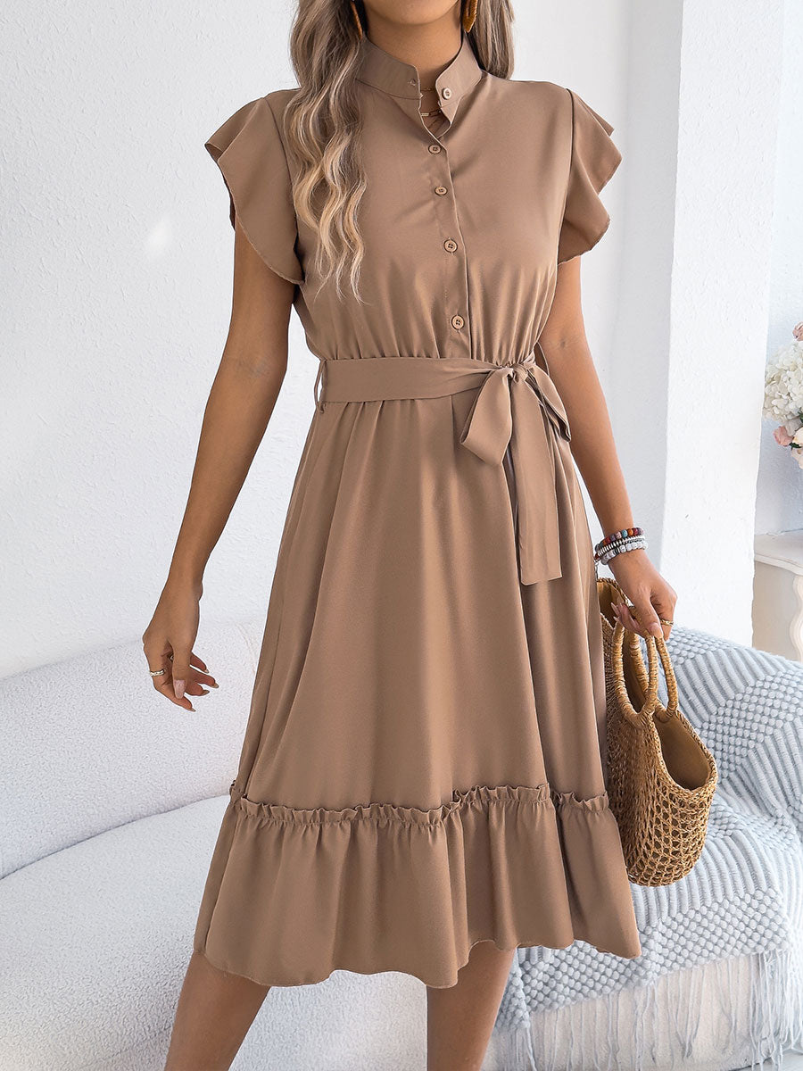 Women's Casual Stand-up Collar Ruffled Tie Waist Shirt Dress