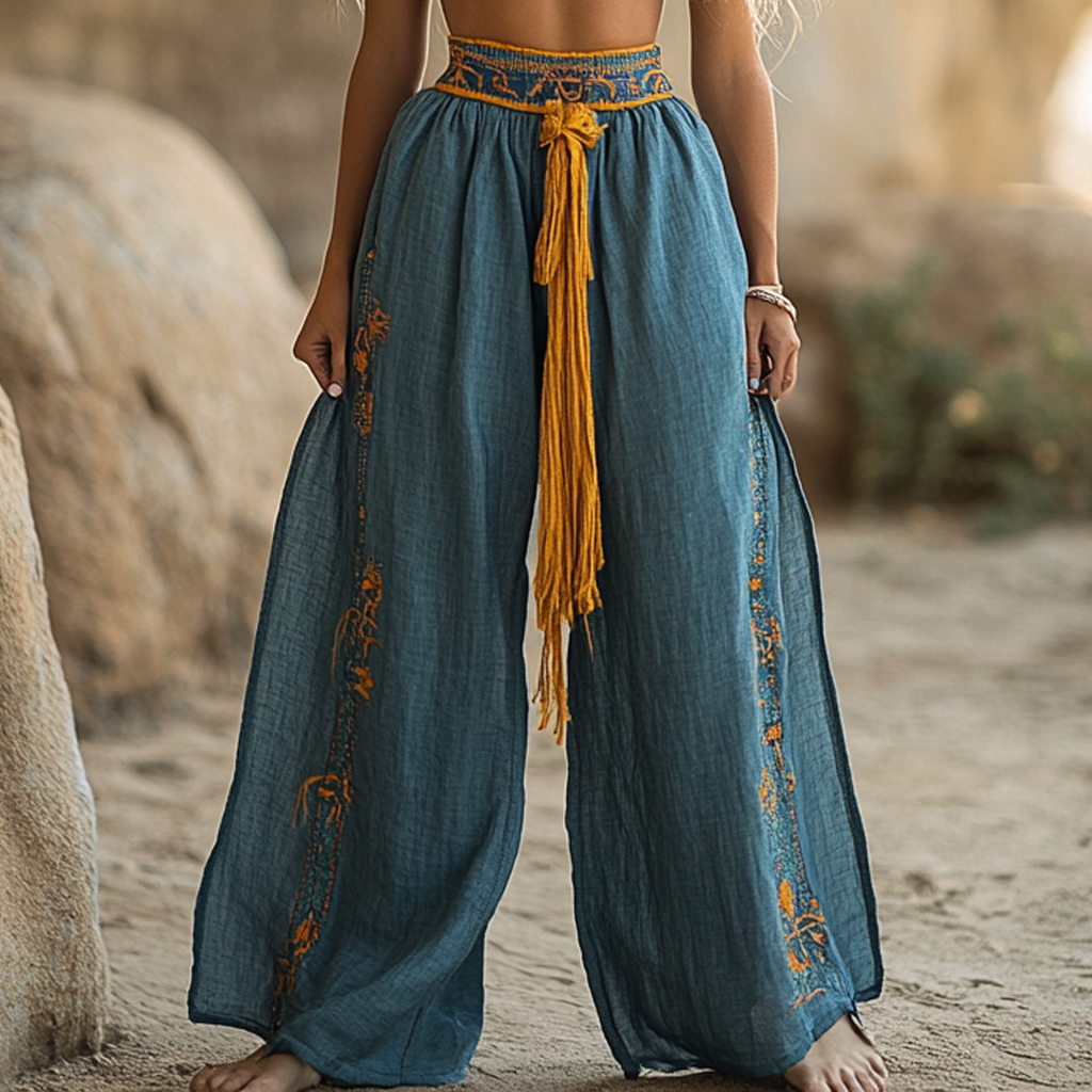Bohemian Linen Print Ethnic Holiday Casual Pants