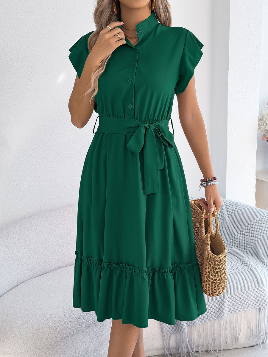 Women's Casual Stand-up Collar Ruffled Tie Waist Shirt Dress