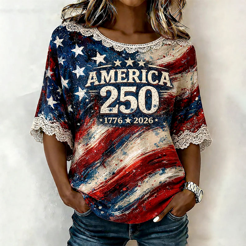 Women'sUnited States 250th Anniversary Print Casual V-Neck 3/4 Sleeve