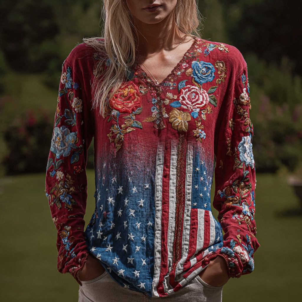 US 250th Anniversary Vintage Floral Print Women's Casual Top