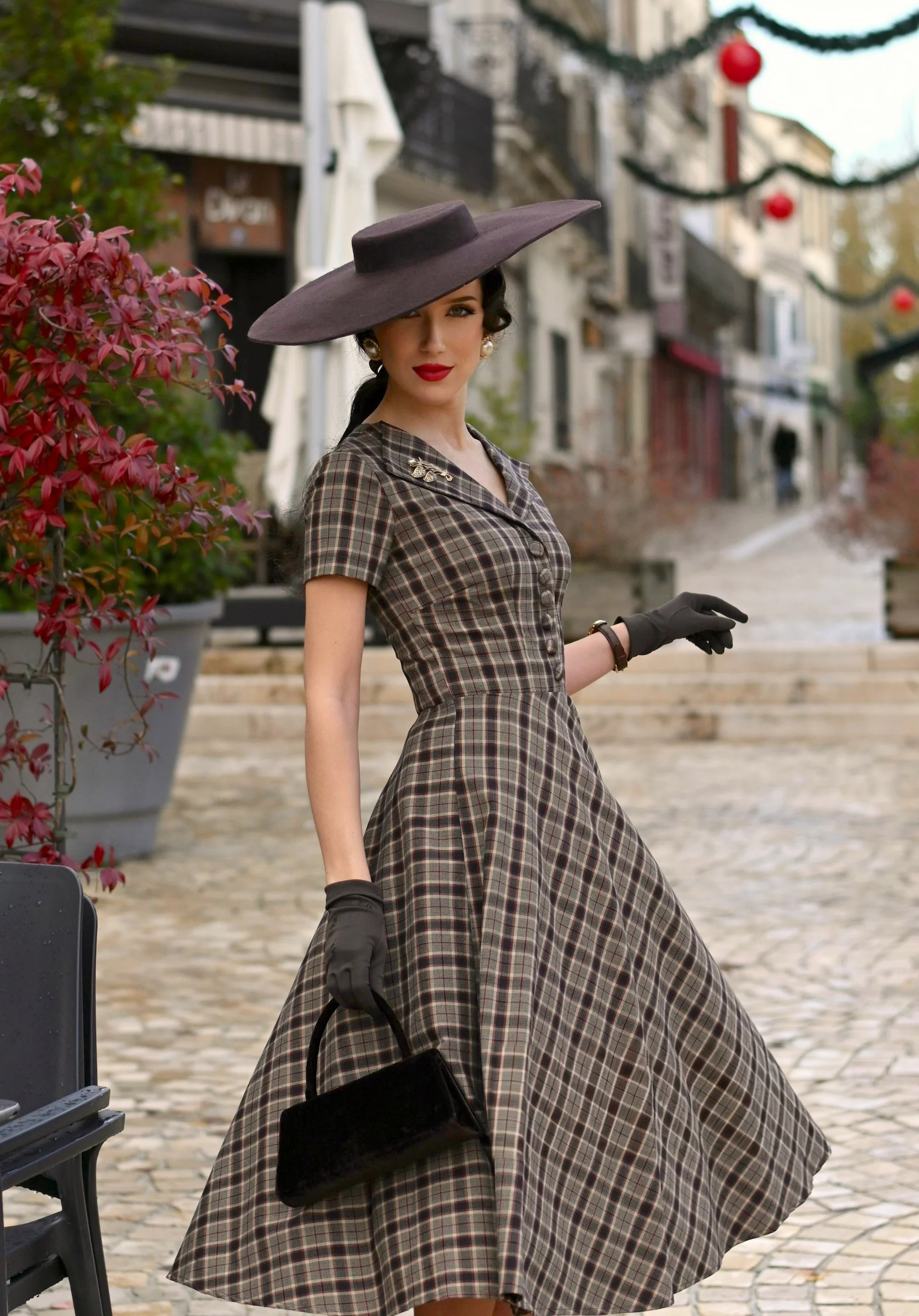 1950s Plaid Vintage Dress – Snatched Waist Retro Swing Dress