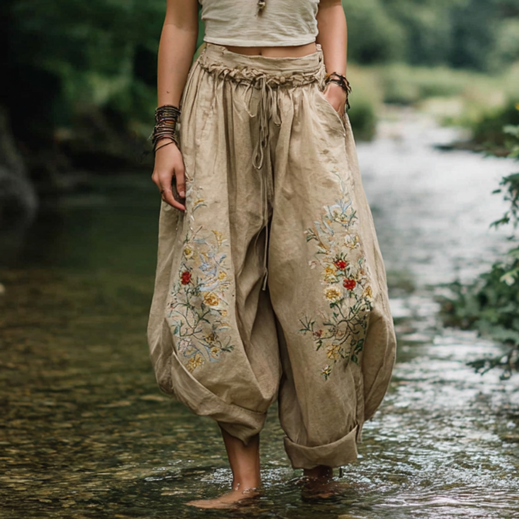 Bohemian Women's Printed Linen Resort Casual Pants