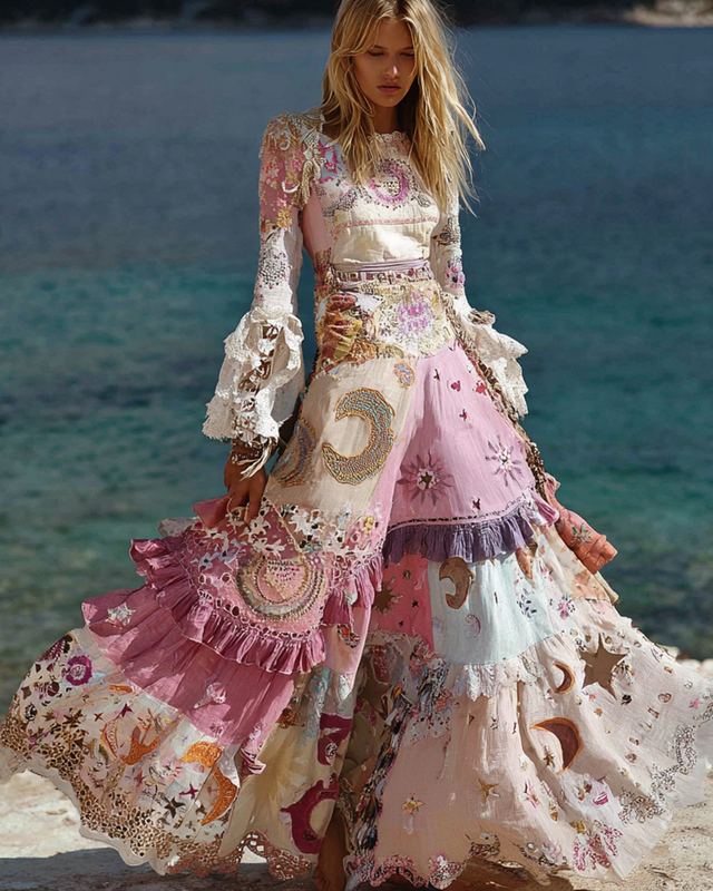 Seaside Irregular Star And Moon Embroidered Lace Patchwork Linen Dress  4a0d