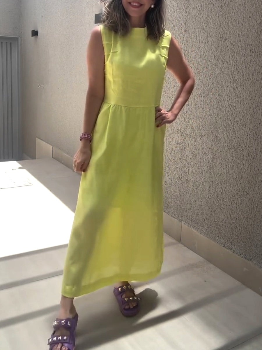 Women's Sleeveless Pleated Cotton And Linen Casual Dress