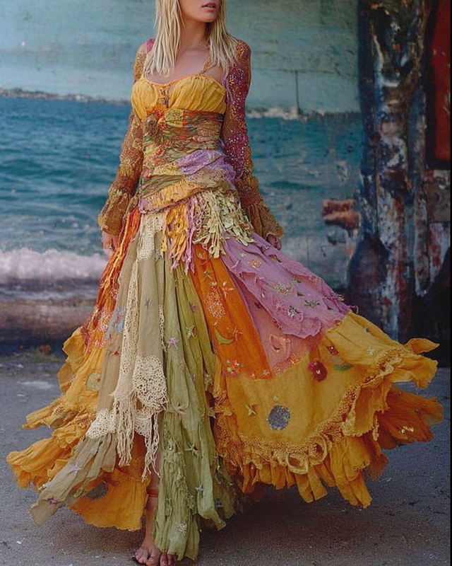 Seaside Irregular Contrast Color Lace Patchwork Ruffled Linen Dress  db12