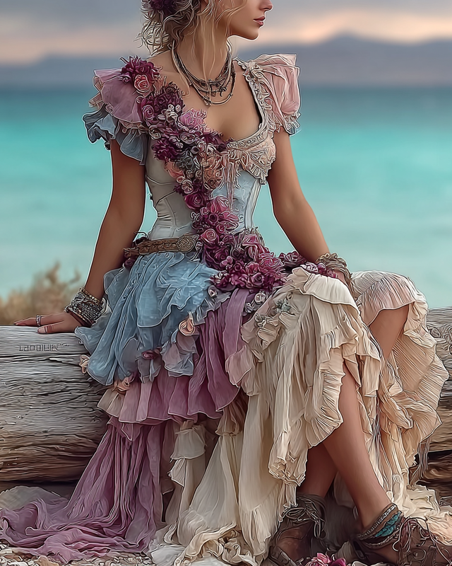 Summer Floral Embroidered Lace Patchwork Comfortable Dress 114b