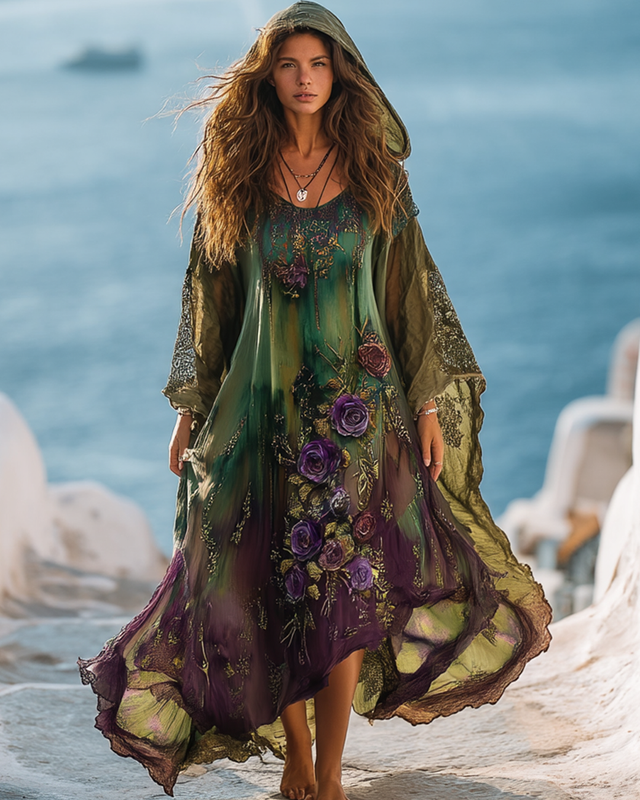 Women's summer vacation floral 3D embroidery tie-dye hooded kaftan bec3