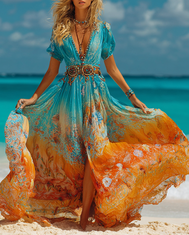 Summer Vacation Ombre Lace Turquoise Beaded Floral Print Dress 2676
