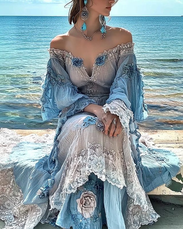 Summer Vacation Seaside Embroidered Lace Patchwork Linen Dress bd40