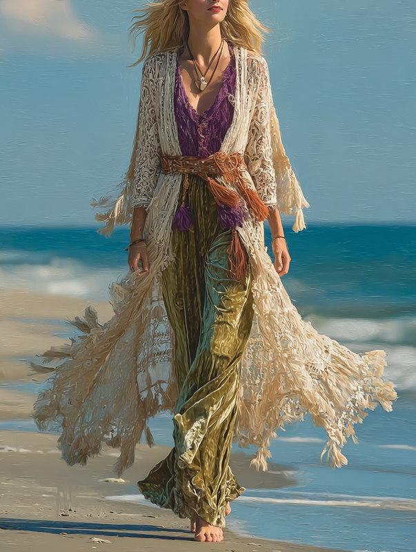 Autumn seaside long-sleeved contrasting retro kimono+top + pants set 680d