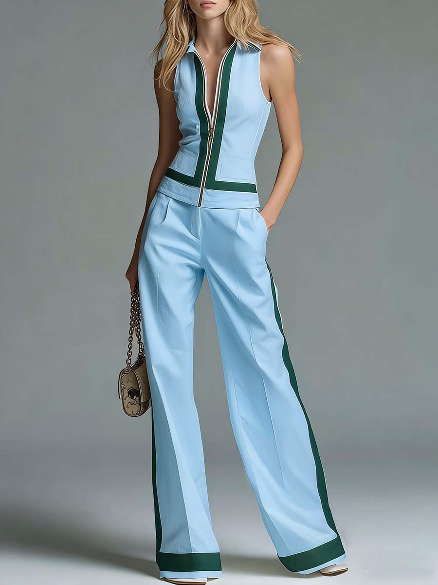 Women's Collared Sleeveless Casual Loose Top And High-waisted Casual Loose Wide-leg Pants Cotton Set