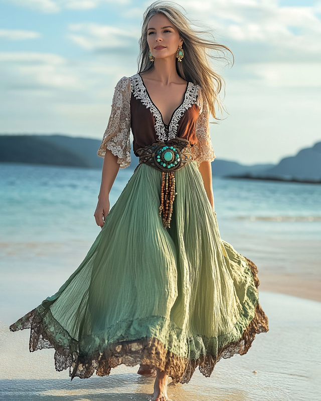 Summer Vacation Seaside Turquoise Beaded Linen Dress 3bf4