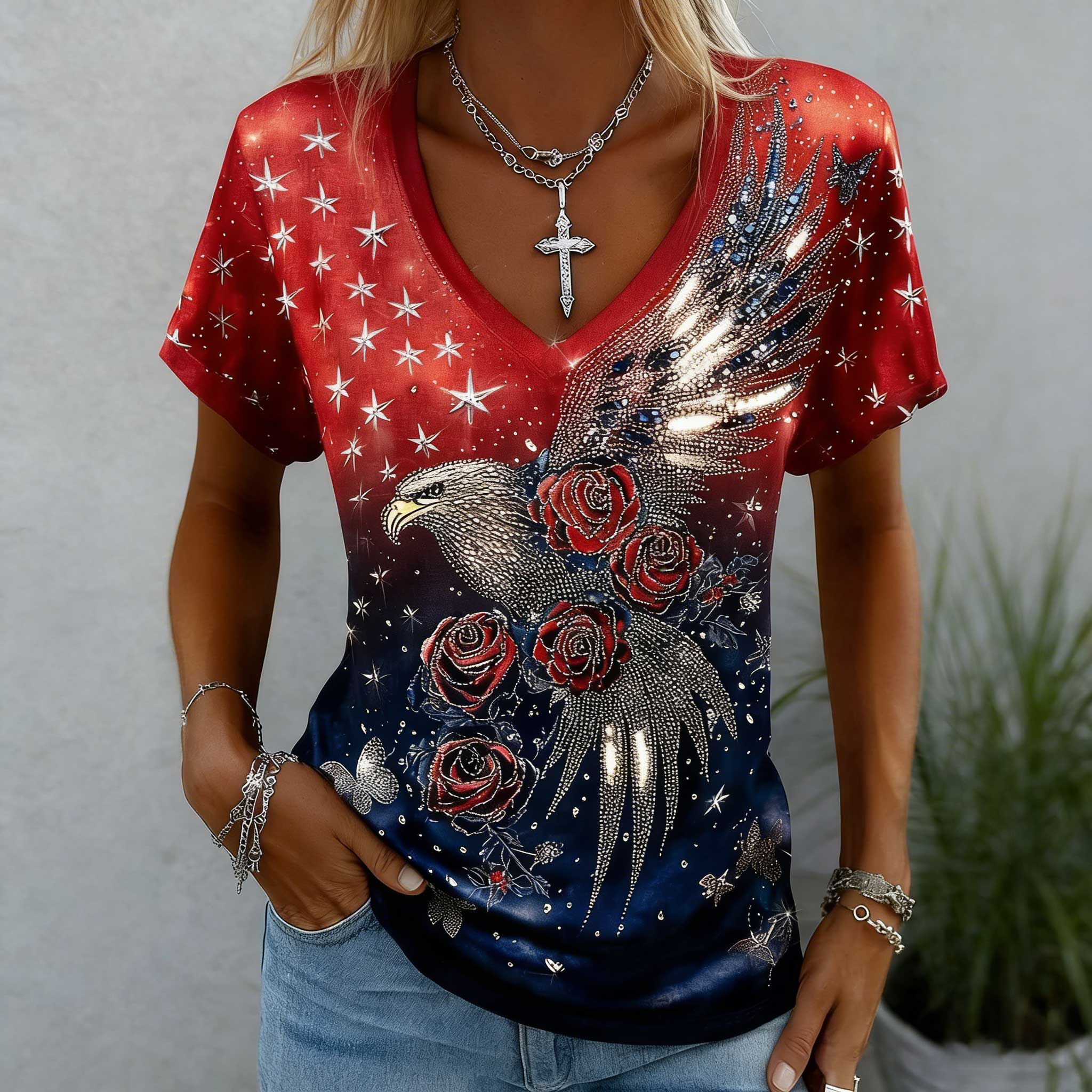 Women's Retro Butterfly Floral Patriot Commemorative Short-Sleeve T-Shirt