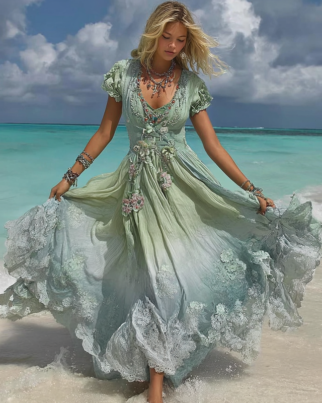 Summer Vacation Lace Beaded Floral Embroidered Dress ad59