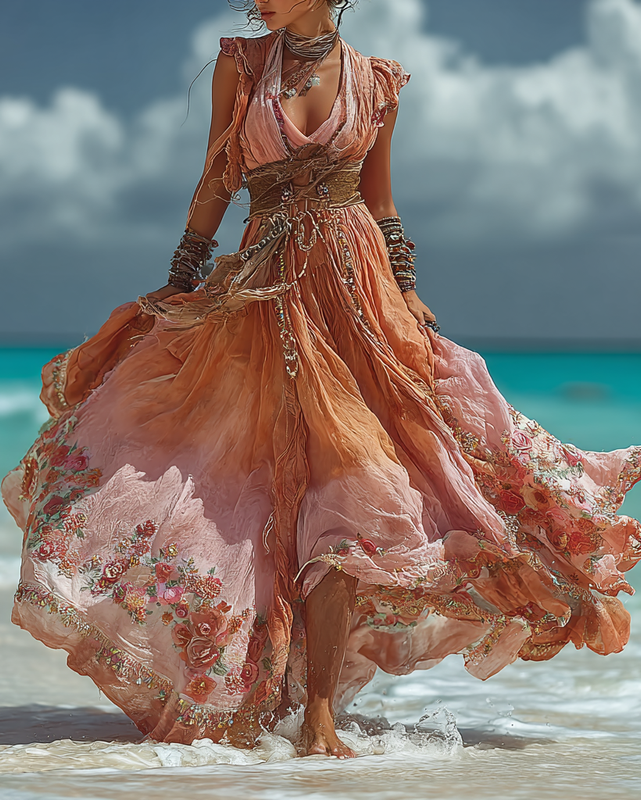 Summer Vacation Ombre Lace Turquoise Beaded Dress 536a