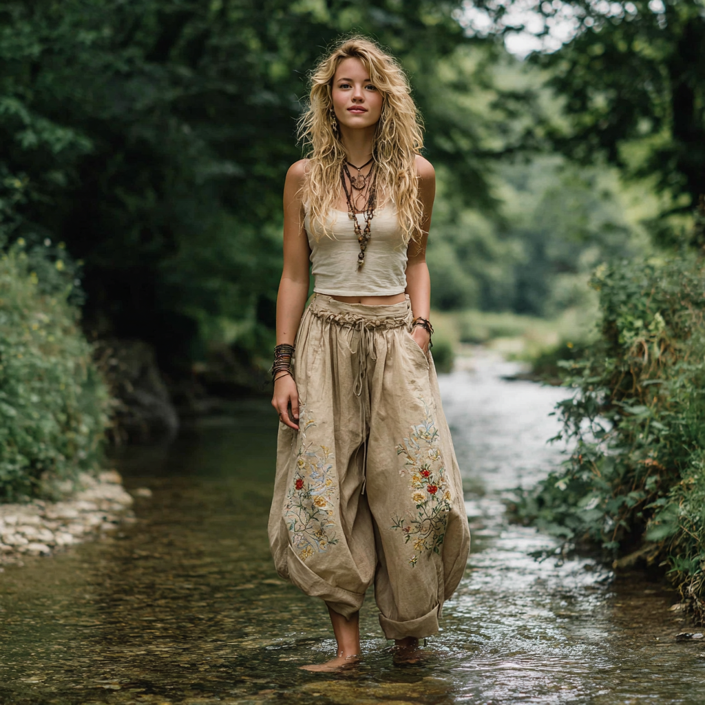 Bohemian Women's Printed Linen Resort Casual Pants