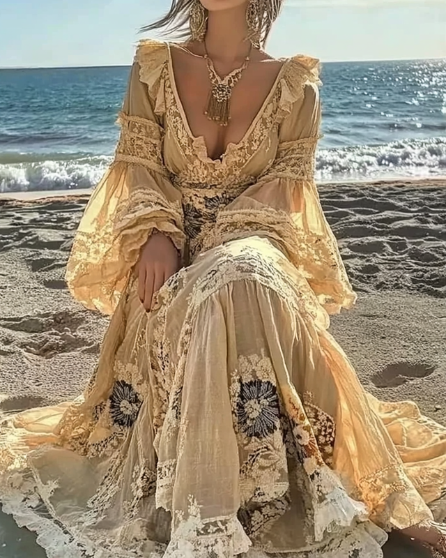 Summer Floral Embroidered Lace Patchwork Comfortable Ruffle Dress 0dc4