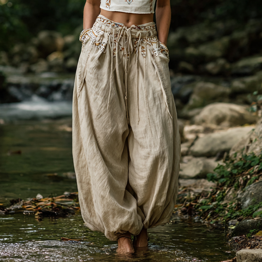 Bohemian Women's Printed Linen Resort Casual Pants