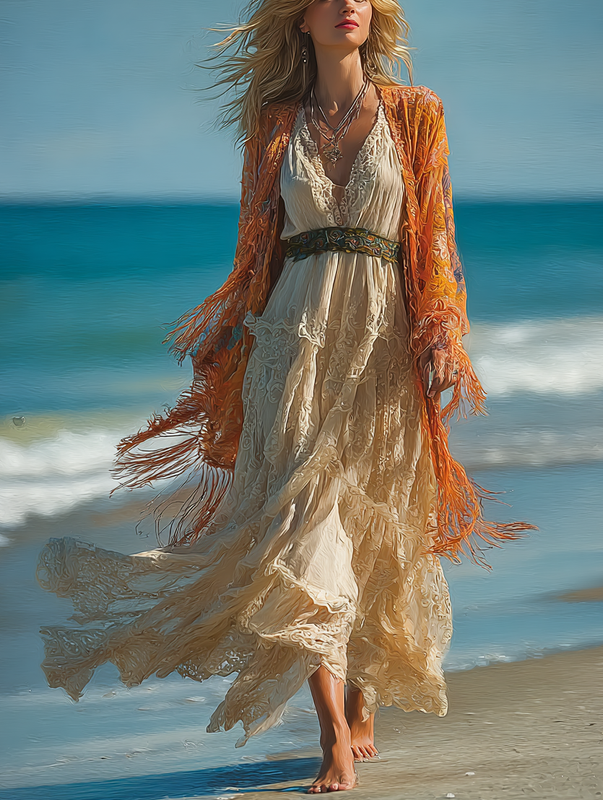 Autumn seaside long-sleeved contrasting retro kimono+dress set b218