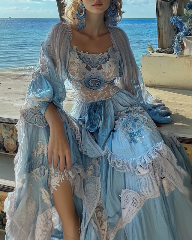 Summer Floral Embroidered Lace Patchwork Comfortable Ruffle Dress  aa0d