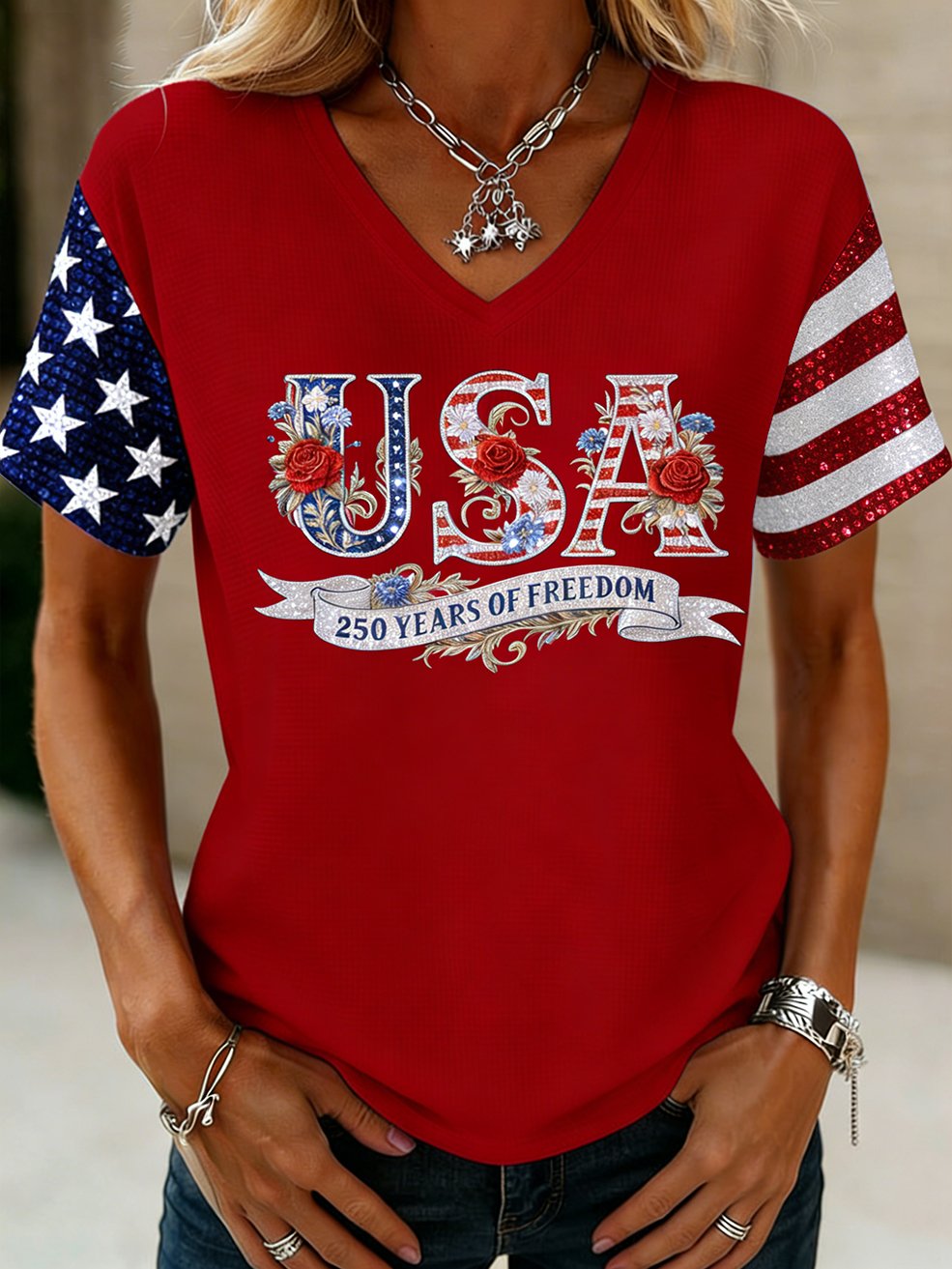 Women's American 250th Anniversary Print Casual V-Neck Top