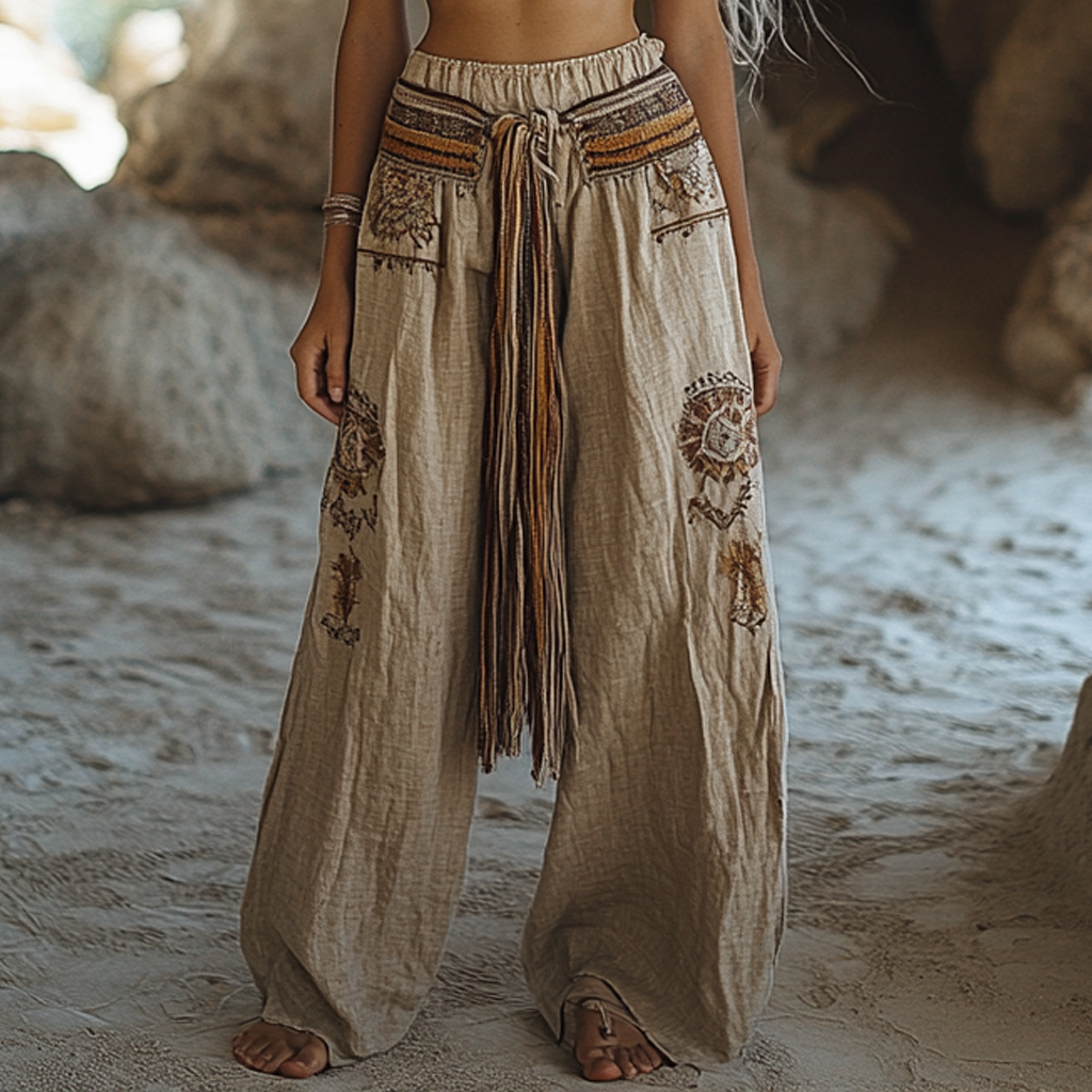 Bohemian Linen Print Ethnic Holiday Casual Pants