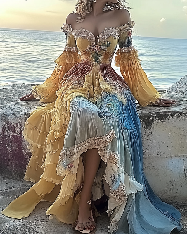 Summer Floral Embroidered Lace Patchwork Gradient Ruffle Dress 2845