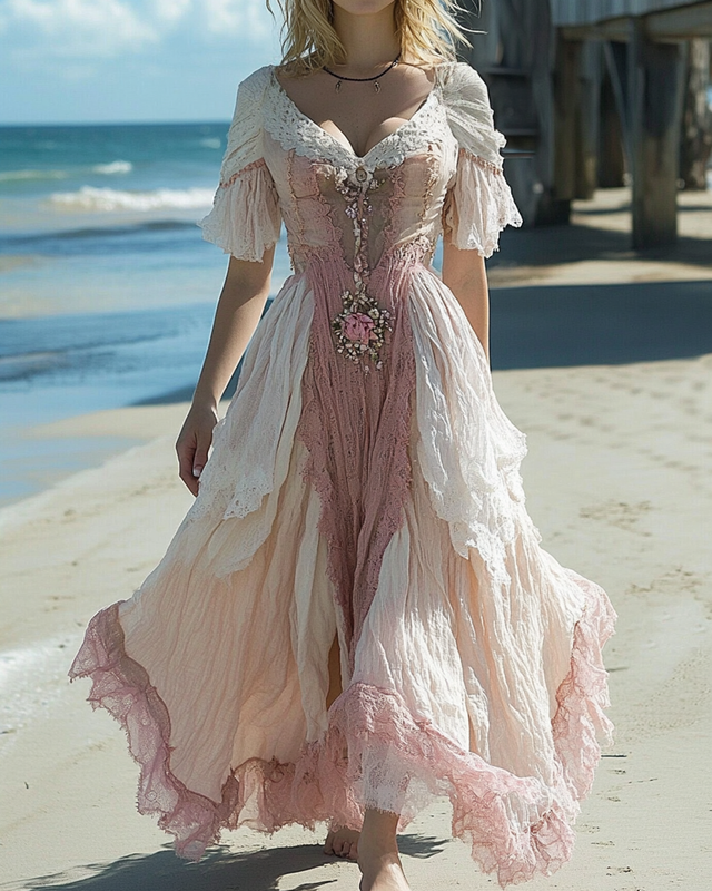 Summer Vacation Seaside Ruffle Lace Patchwork Dress c22d