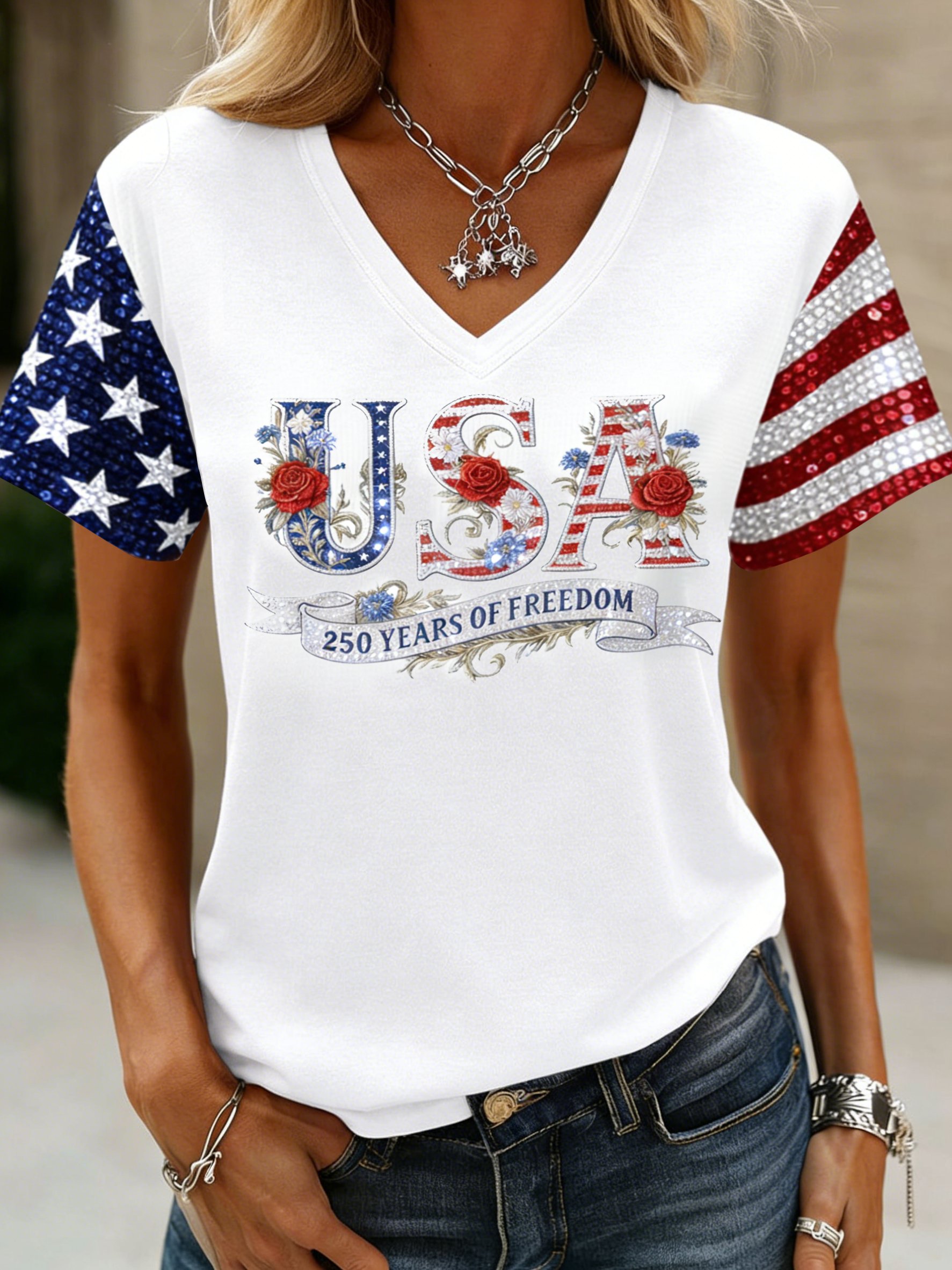 Women's American 250th Anniversary Print Casual V-Neck Top