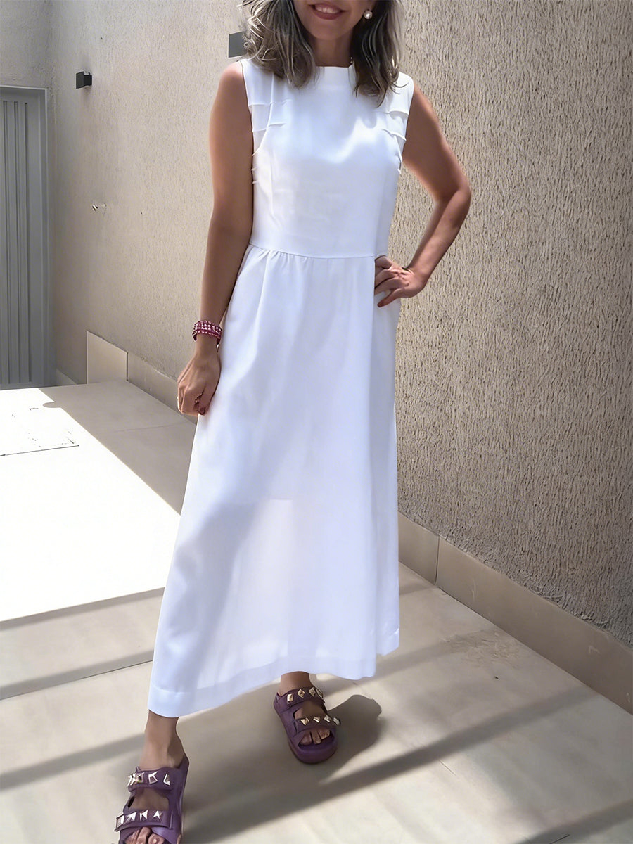 Women's Sleeveless Pleated Cotton And Linen Casual Dress