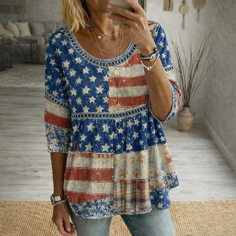 Women's 250th Anniversary Art Print Casual Round Neck Hollow-out Top