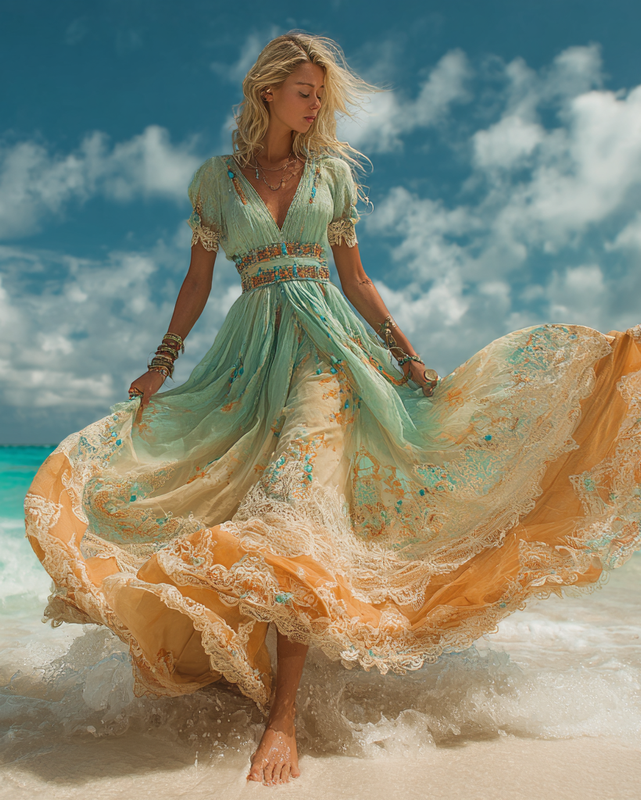 Summer Vacation Ombre Lace Turquoise Beaded Dress 1f16