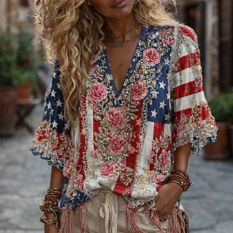 Women's 250th Anniversary Floral Art Print Casual Top