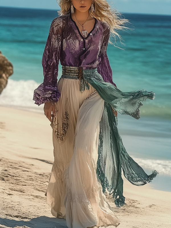 Autumn seaside long-sleeved contrasting retro top + pants set ad8a