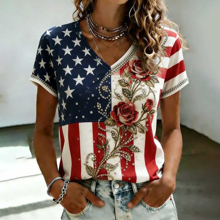 Women's Vintage American Flag 250th Anniversary Rose Print Casual V-Neck Short Sleeve T-Shirt