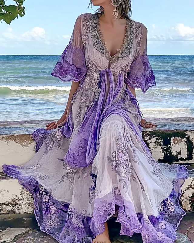 Summer Floral Embroidered Lace Patchwork Gradient Ruffle Dress  b703