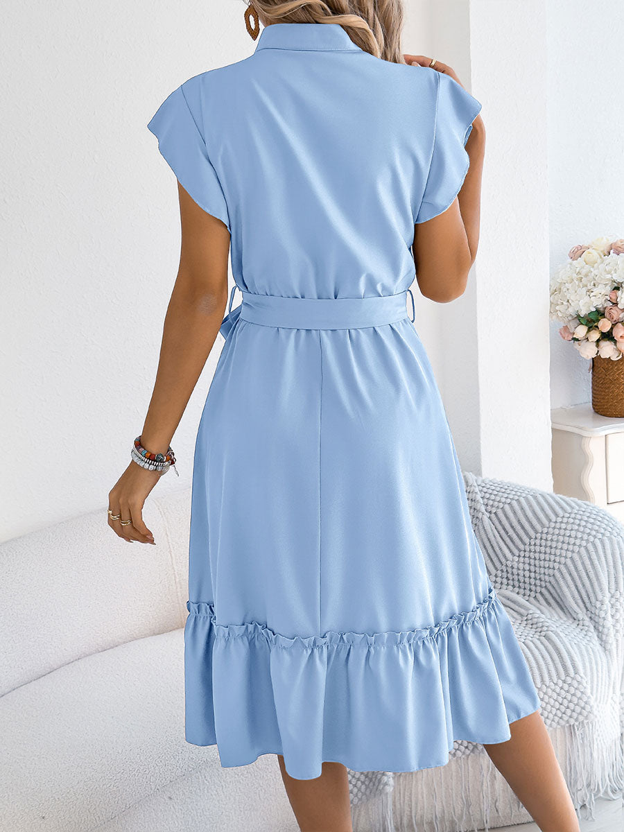 Women's Casual Stand-up Collar Ruffled Tie Waist Shirt Dress