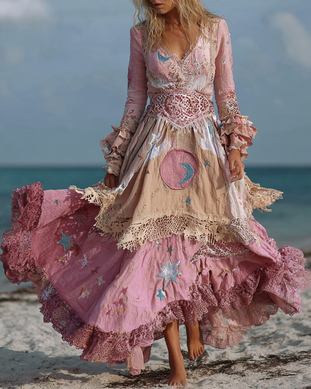 Seaside Irregular Star And Moon Embroidered Lace Patchwork Linen Dress  e9eb