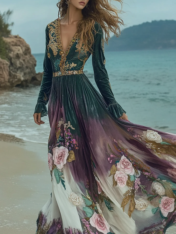 Autumn seaside long-sleeved contrasting retro dress 2a07