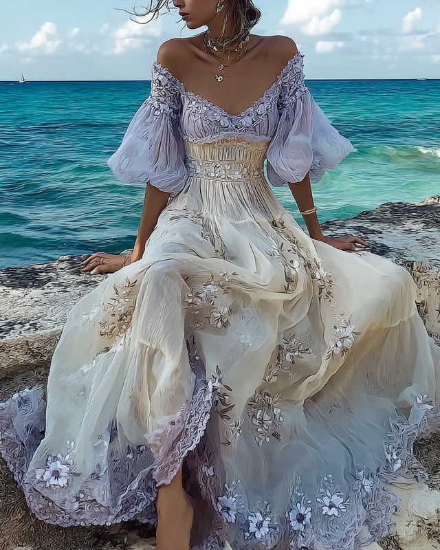 Summer Floral Embroidered Lace Patchwork Comfortable Dress 3716