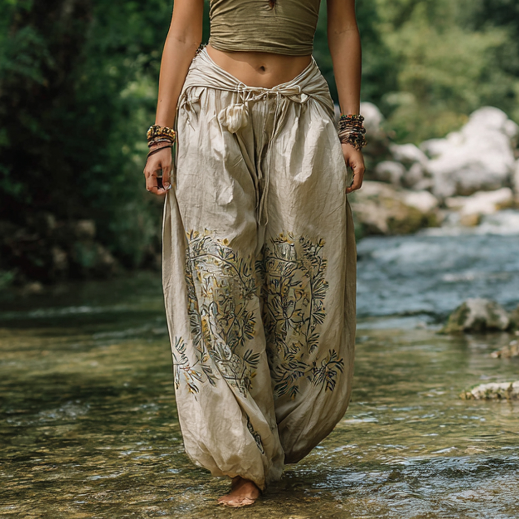 Bohemian Women's Printed Linen Resort Casual Pants