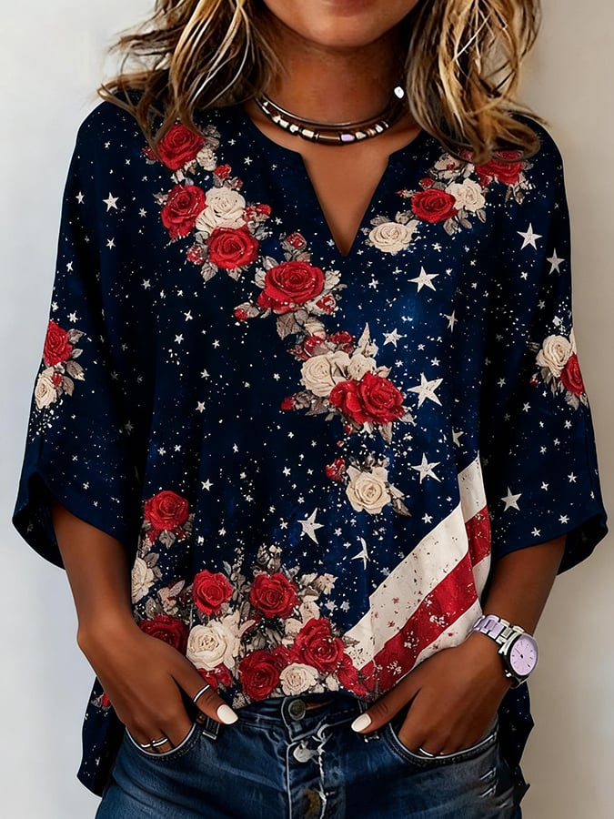 Women's Casual American 250th Anniversary Floral Cotton Linen Top