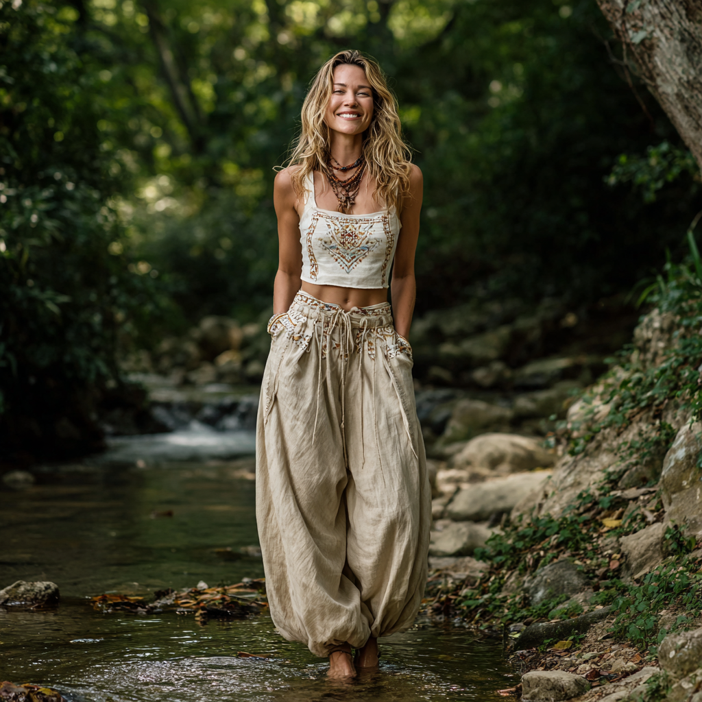 Bohemian Women's Printed Linen Resort Casual Pants