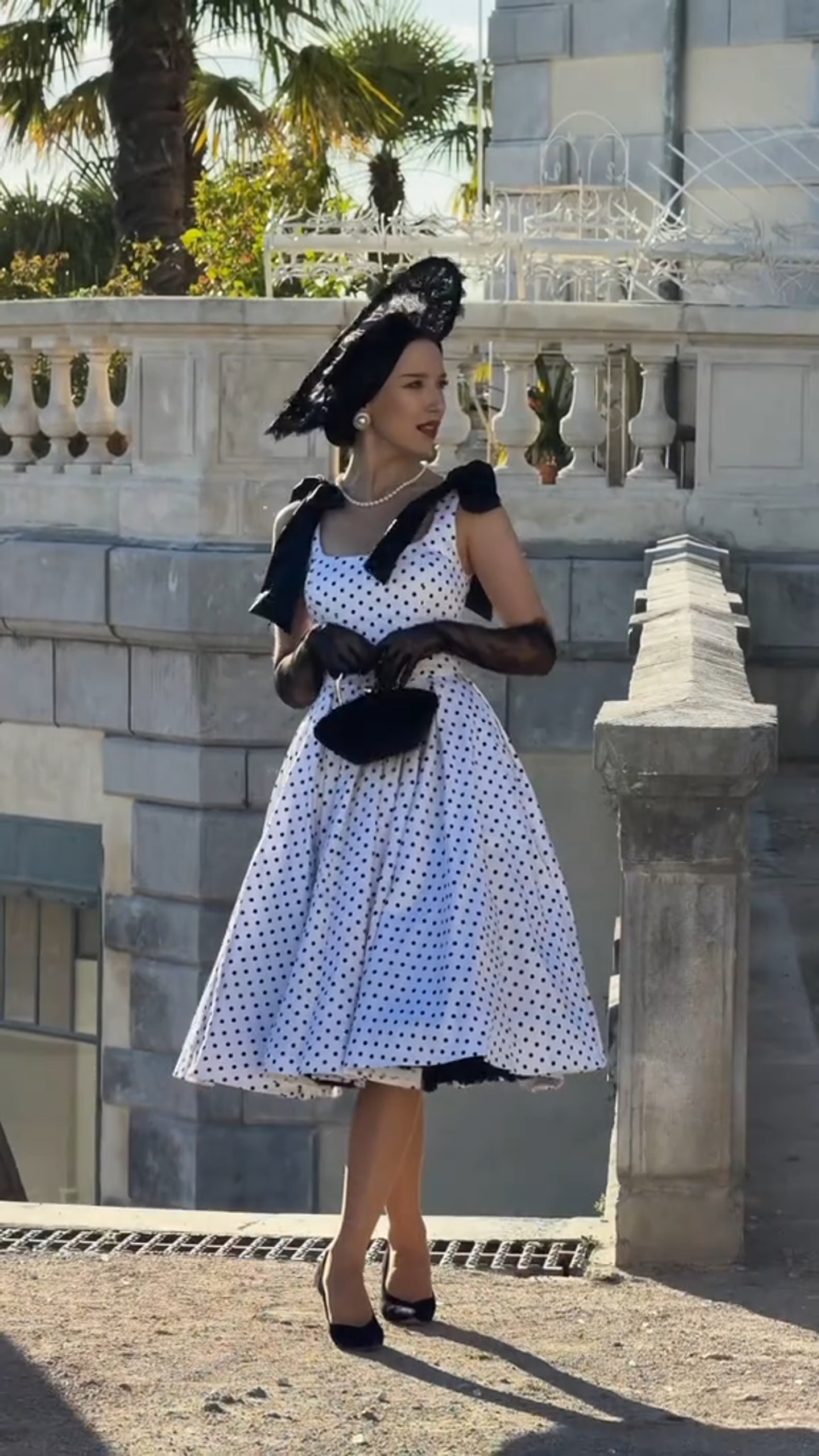 Ivory and Black Polka-Dot Vintage Midi Dress