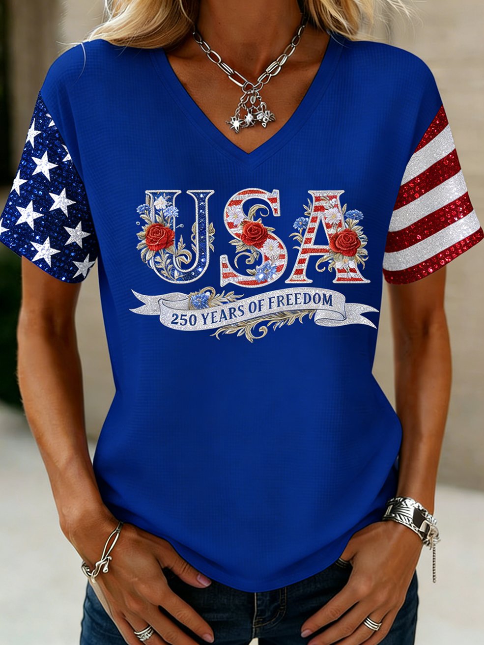 Women's American 250th Anniversary Print Casual V-Neck Top